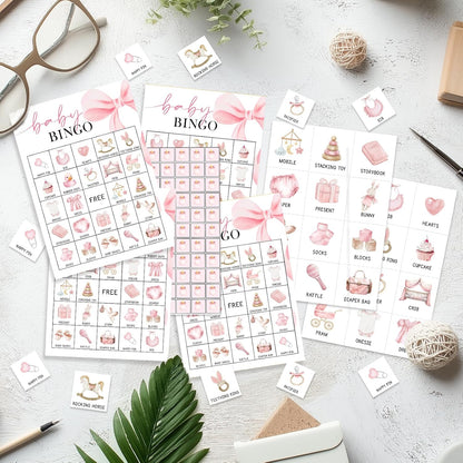 Pink Bow Baby Shower Bingo Games, 24 Player Pink Bingo Cards for Baby Shower, Gender Reveal Party Games Favors Supplies Decorations