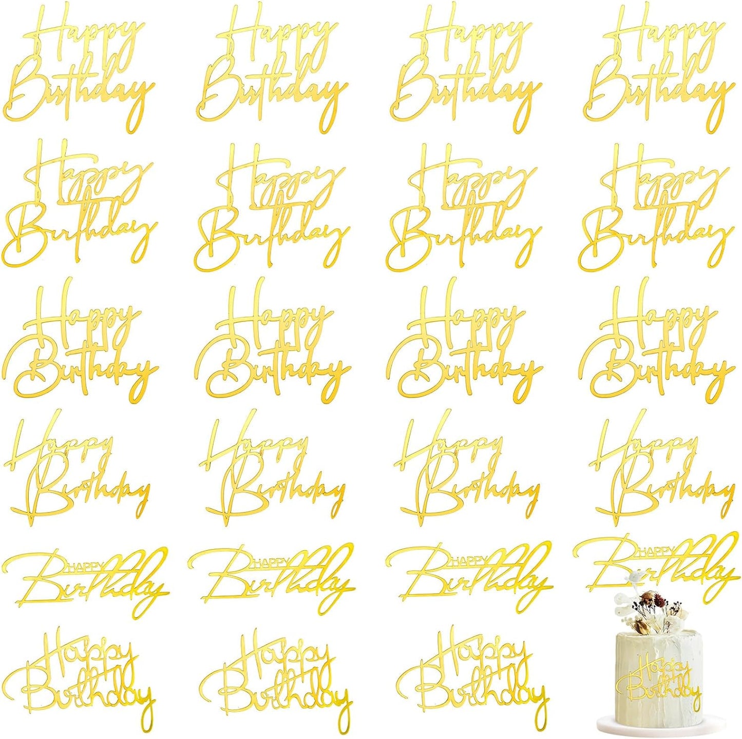 Barydat 24 Pieces Gold Happy Birthday Cake Toppers Mirror Acrylic Cupcake Topper Happy Birthday Sign for Cake Side Cupcake Decorations, 6 Styles