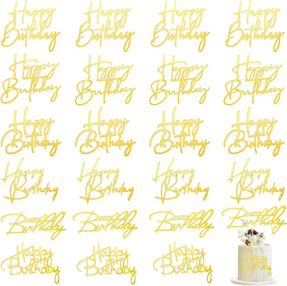 Barydat 24 Pieces Gold Happy Birthday Cake Toppers Mirror Acrylic Cupcake Topper Happy Birthday Sign for Cake Side Cupcake Decorations, 6 Styles