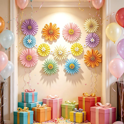 PAPER JAZZ Paper Flowers with Paper Fan Boho Hanging Decor Artificial Flowers Decorations for Wall Pink and Orange Party Decorations for Classroom, Beach Party, Summer Birthday Party Pack of 11.