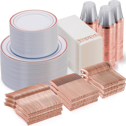Goodluck 350 Pieces Gold Dinnerware Set for 50 Guests, Plastic Plates Disposable for Party, Include: 50 Gold Rim Dinner Plates, 50 Dessert Plates, 50 Paper Napkins, 50 Cups, 50 Gold Silverware Set