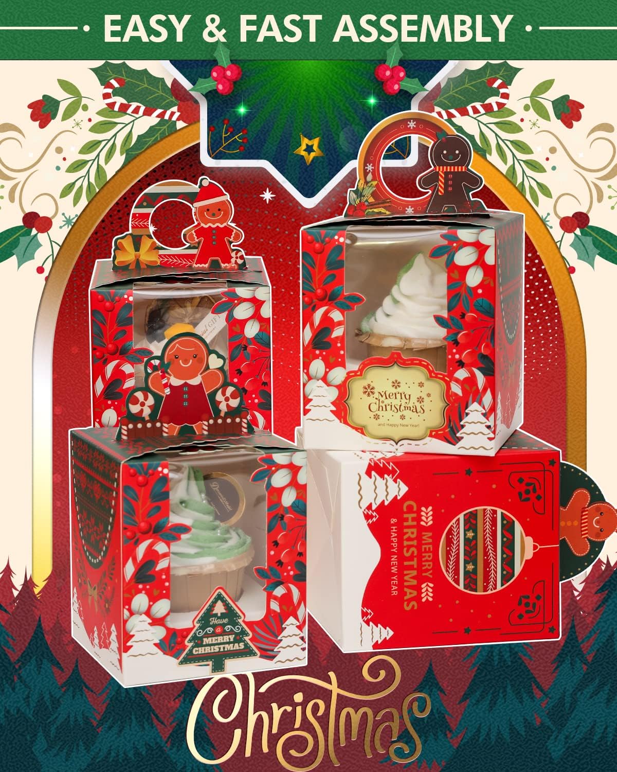qiqee 60pcs Cupcake Boxes Individual Disposable White Single Box with Window 3.6 * 3.6 * 4.3inch Cupcake Containers/Holders