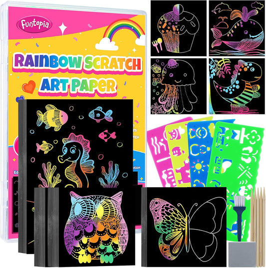 Funtopia 240 Sheets Rainbow Scratch Paper, Color Scratch Art for Kids Ages 4 5 6 7 8 9 10 Girls Boys, Art Crafts Party Favors Drawing Kits with Guide for School Classroom Travel Birthday Party Gifts