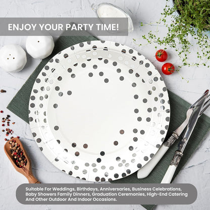75PCS Paper Plates and Napkins Set - White and Gold Dot Disposable Party Dinnerware Includes Paper Plates, Napkins, Forks Decorations for 2026 New Year, Birthday, Wedding and Holiday, Serves 25