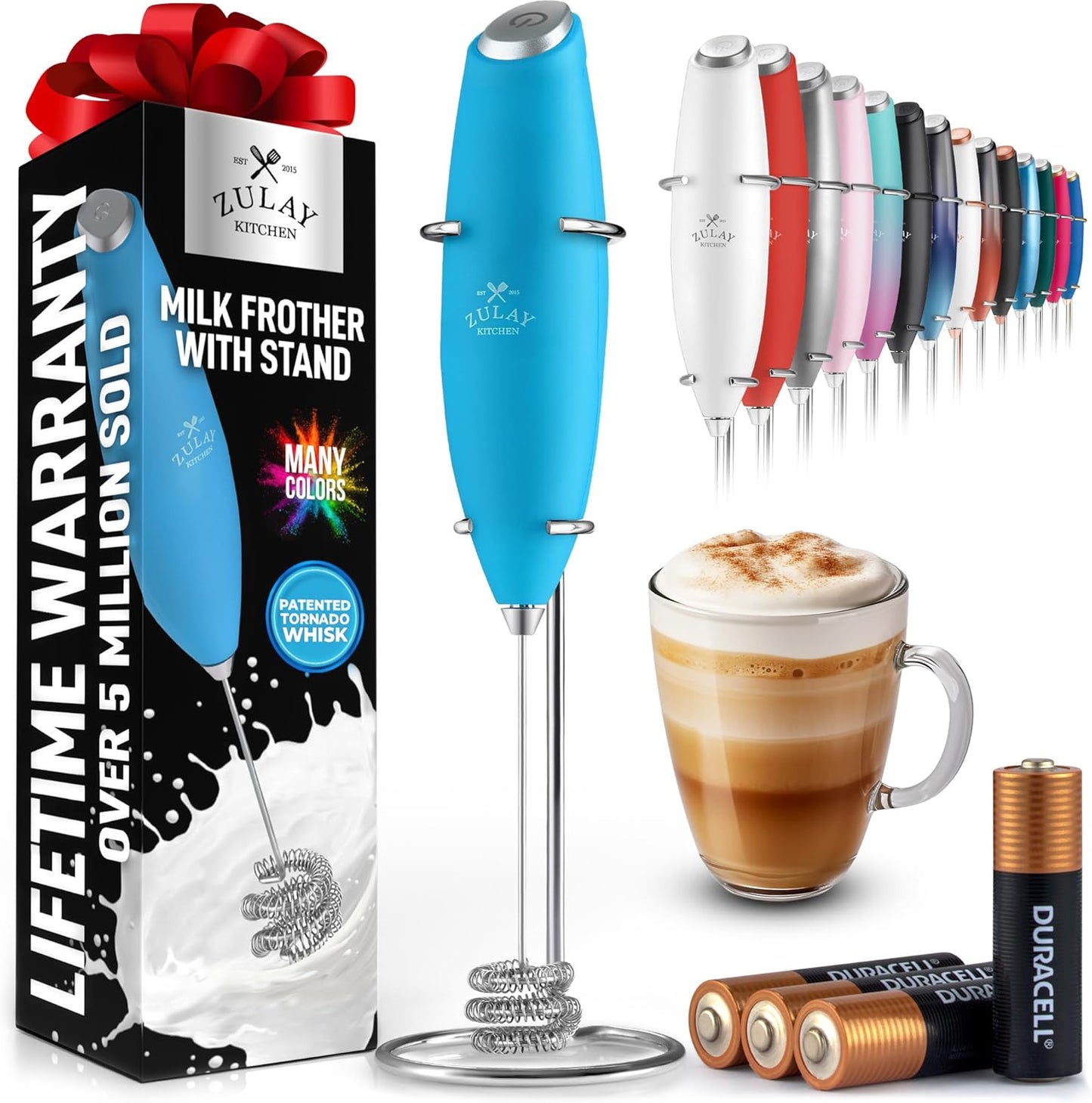 Zulay Kitchen Powerful Milk Frother Wand With Duracell Batteries - Ultra Fast Handheld Drink Mixer - Electric Whisk Foam Maker for Coffee, Lattes, Cappuccino & Matcha - Z1 Motor - Black - Colors C