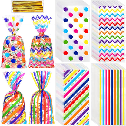 Aodaer 100 Pieces 10.6 x 5.1 In White Cellophane Bags Plastic Candy Gift Bag Cellophane Treat Bags with Twist Ties Stripes Polka Dot Printed Pattern Goodie Bag for Birthday Weddings Party Favors