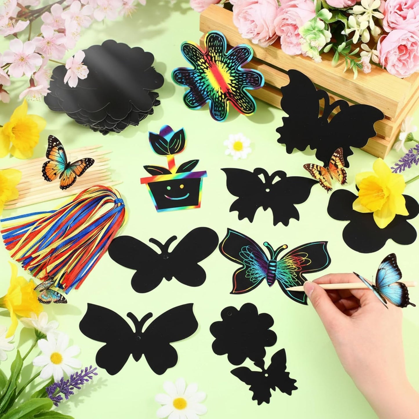 HyDren 80 Pcs Spring Scratch Cards Rainbow Flower Butterfly Scratch Paper Tea Party Theme Flower Crafts with Bamboo Stylus and Ribbon for Adult Home DIY Craft(Classic Style)