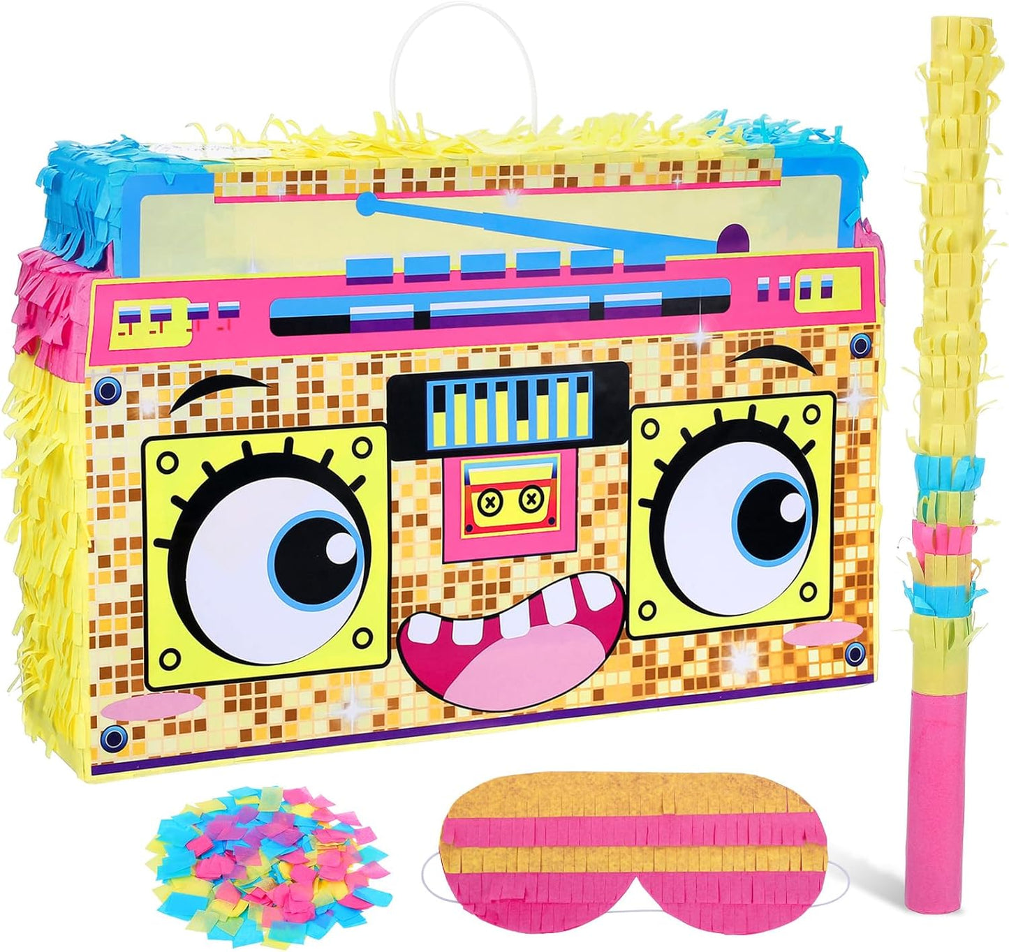 Rock and Roll Skeleton Piñata with Headphones Design Blindfold Hitting Stick Confetti for Music Themed Birthday Party (15.56 x 13.19 x 2.76 inch)