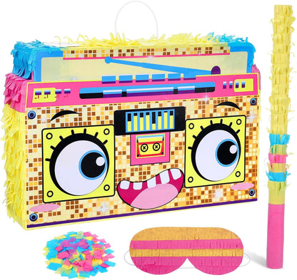 Rock and Roll Skeleton Piñata with Headphones Design Blindfold Hitting Stick Confetti for Music Themed Birthday Party (15.56 x 13.19 x 2.76 inch)