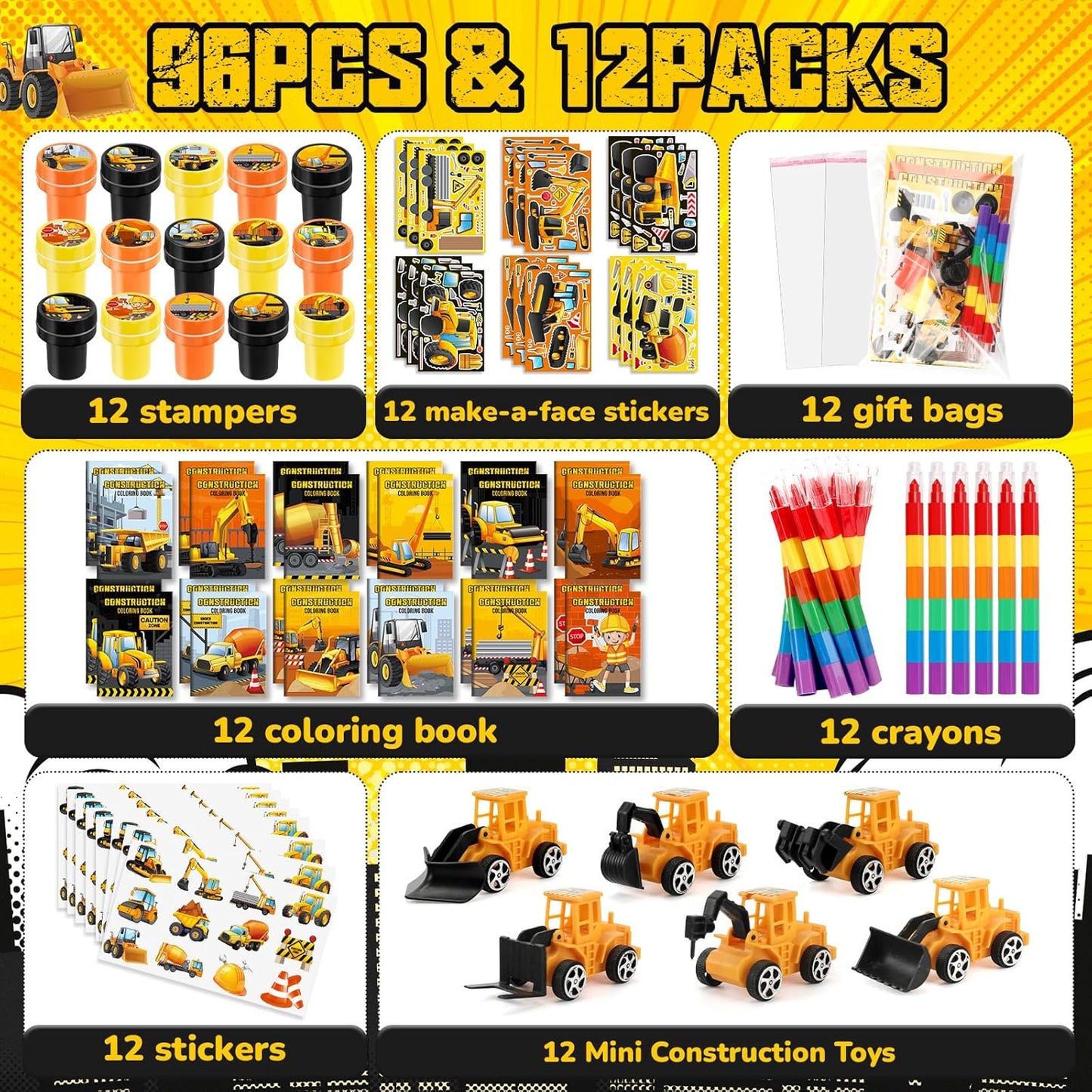 BenLouis 84Pcs Construction Party Favors Excavator Theme Coloring Books Crayons Sticker Set Bulk for Kids Construction Birthday Goodie Bag Stuffer Classroom Gifts Rewards Craft Pinata Fillers