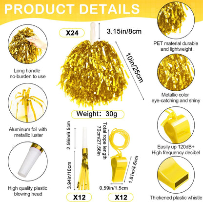 Yunsailing 96 Pcs Homecoming Noisemakers Team Spirit Accessories for Game Day Include Hand Clappers Cheerleading Pom Pom Thunder Stick Cheer Party Blower Plastic Whistle for Sport Fans(Gold)