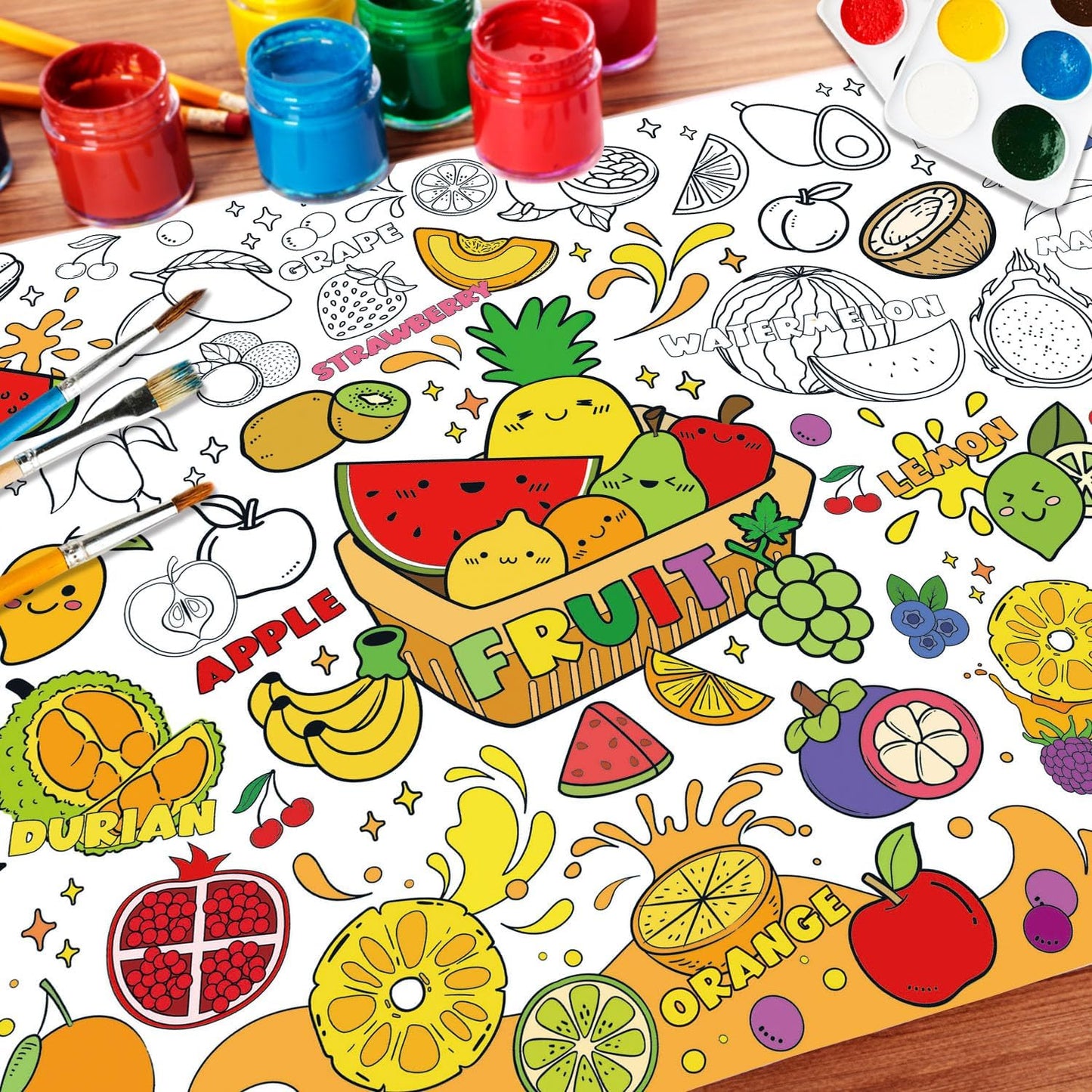 43.3x31.5 Summer Coloring Poster with Picture, Giant Cute Painting Poster, Large Coloring Tablecloth for Classroom Home Birthday Party Supplies Favor