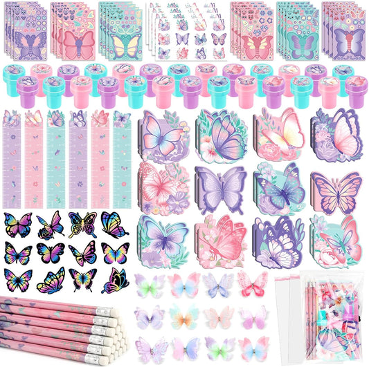 BenLouis 108Pcs Butterfly Party Favors Butterfly Fairy School Stationery Set Bulk for Kids Spring Flower Tea Birthday Birthday Goodie Bag Stuffers Classroom Gifts Rewards Pinata Filler
