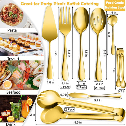 11 PCS Serving Utensils, Large Stainless Steel Spoons Forks Tongs, Pie Server, Great for Hostess Buffet Catering Banquet Party, Silver