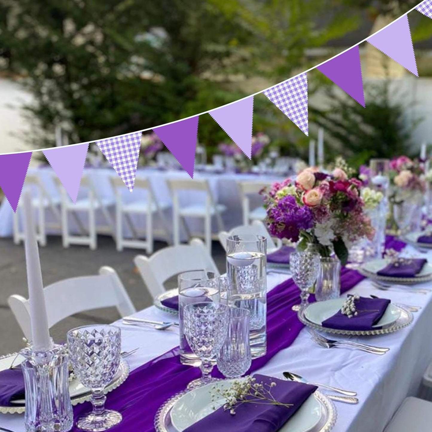 32Ft Dusty Blue Party Decorations Retro Blue Gingham Triangle Banner Flag Pennant Fabric Garland Streamers for Nautical Wedding Birthday Ahoy Achor Bridal Baby Shower Under The Sea Decor Supplies