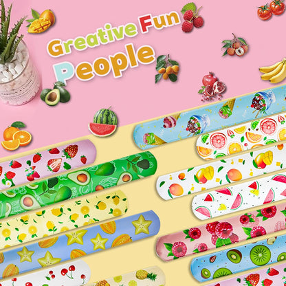 CZWXOXO 74PCS Fruit Slap Bracelets&Stickers Summer Fruit Theme 24PCS Slap Bracelets 50PCS Stickers Party Favors Basket Bag Filler School Prizes Gifts Party Favors Bulk