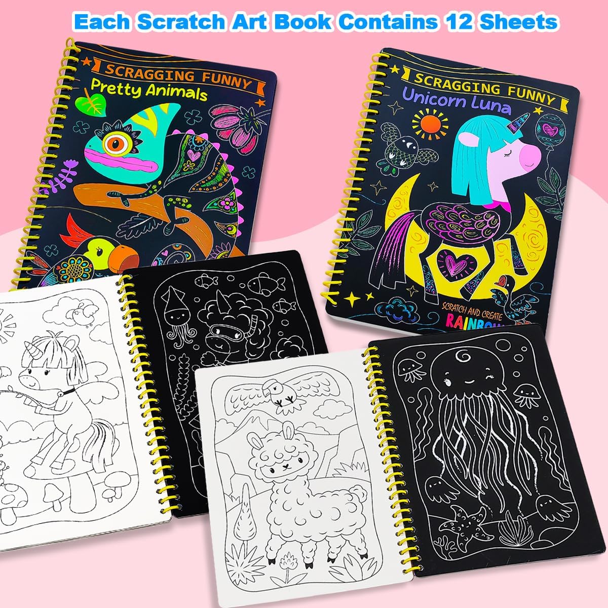 JUNQIU Scratch Art for Kids, Unicorns Black Rainbow Scratch Art Paper Set-Arts and Crafts & Supplies, DIY Activity & Party Games, Gifts for Toddlers, Girls & Boys Ages 3, 4, 5, 6, 7, 8