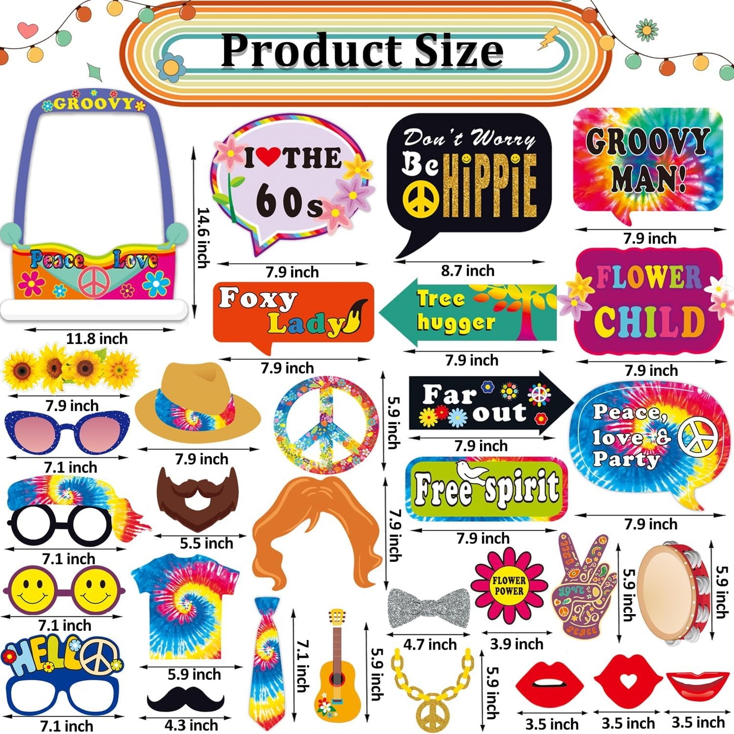 31pcs 60s Party Decorations, 30pcs 60's Photo Booth Prop with 1pcs 60 Hippie Bus Shaped Selfie Frame, Groovy Peace Love Themed Favor for 60's Hippie Birthday Party Favor Supplies