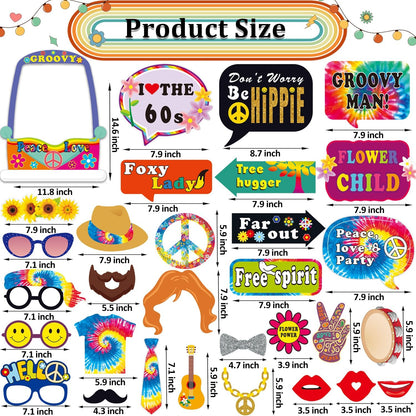31pcs 60s Party Decorations, 30pcs 60's Photo Booth Prop with 1pcs 60 Hippie Bus Shaped Selfie Frame, Groovy Peace Love Themed Favor for 60's Hippie Birthday Party Favor Supplies