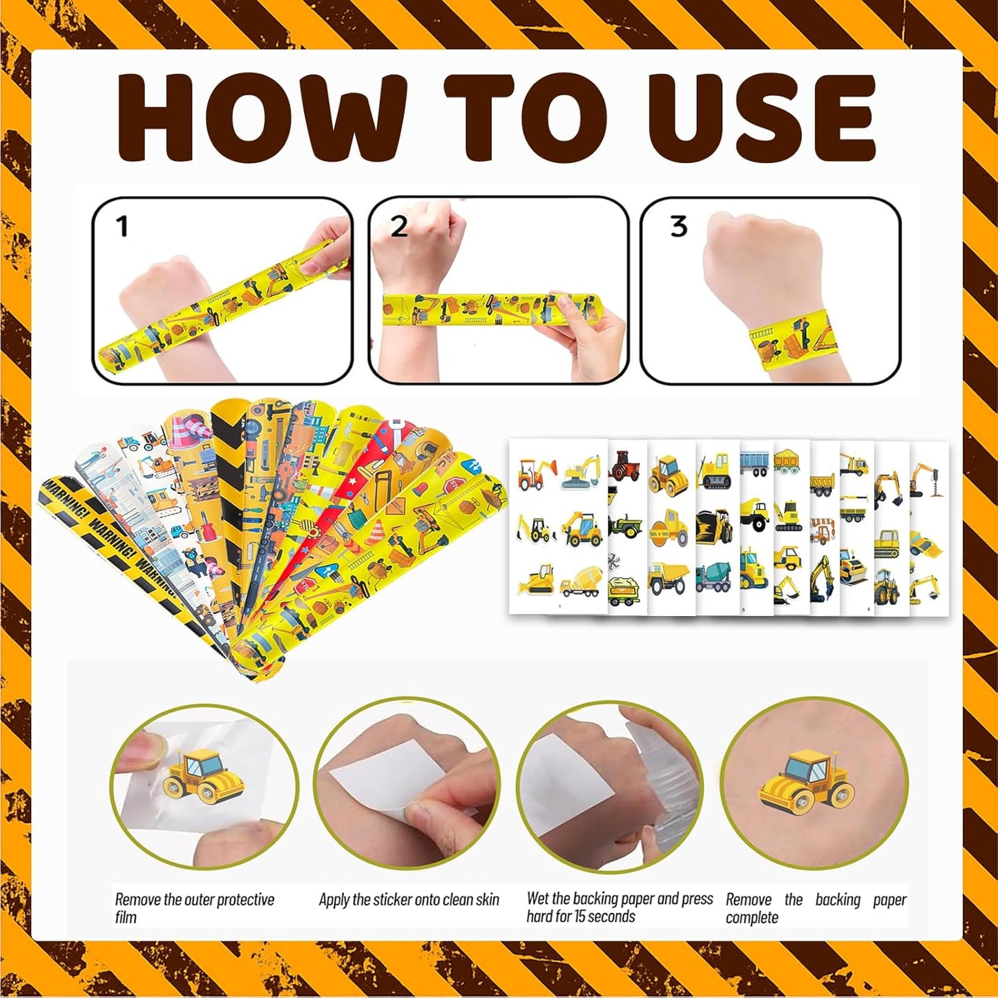 84PCS Engeering Vehicle Party Favors Set – 24pcs Slap Bracelets & 60pcs Temporary Tattoos with Construction Vehicle Designs, Engeering Theme Party Supplies for, Truck Decorations