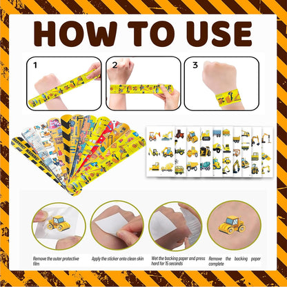 84PCS Engeering Vehicle Party Favors Set – 24pcs Slap Bracelets & 60pcs Temporary Tattoos with Construction Vehicle Designs, Engeering Theme Party Supplies for, Truck Decorations