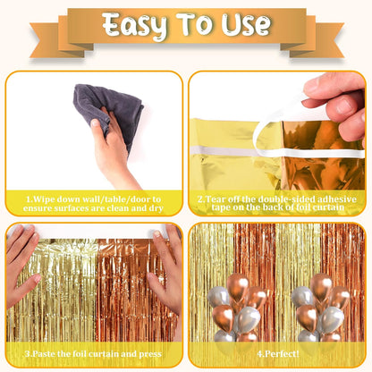 Voircoloria 3 Pack 3.3x8.2 Feet Gold Foil Fringe Backdrop Curtains, Tinsel Streamers, Fringe Backdrop for 2025 New Years Eve, Graduation, Birthday, Baby Shower, Gender Reveal, Disco Party - Colors A