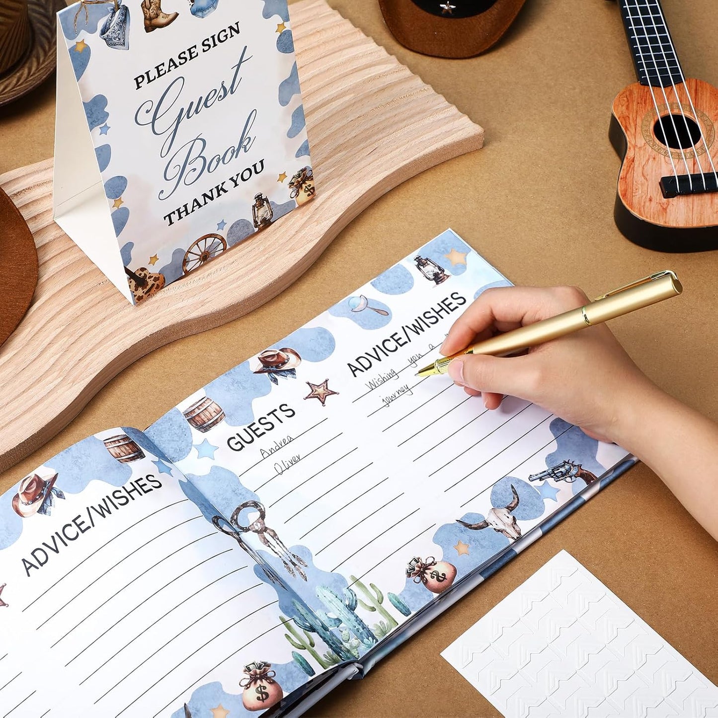 Fuyoooo 27 Pcs Safari Animal Baby Shower Guest Book Set Baby Shower Sign in Guest Floral Book Place Table Cards with Gold Pen Adhesive Photo Corner for Birthday Party
