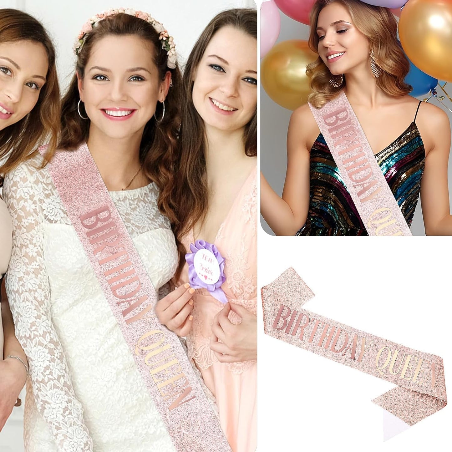 Piriuuo Rose Gold Birthday Queen Sash, Glitter Happy Birthday Sash for Women with Gold Foil 'Birthday Queen' Birthdays Sashs for Girls Women