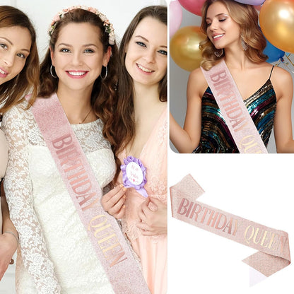 Piriuuo Rose Gold Birthday Queen Sash, Glitter Happy Birthday Sash for Women with Gold Foil 'Birthday Queen' Birthdays Sashs for Girls Women