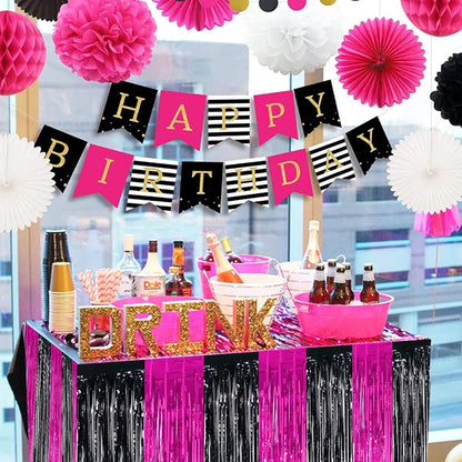 BEISHIDA 2 Pack Metallic Tinsel Foil Fringe Table Skirts for Rectangle & Round Tables Hot Pink Kids' Birthday, Holiday Cartoon Party Decorations for Birthday Valentines Baby Shower Festive Events