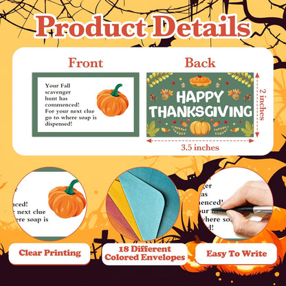 Thanksgiving Scavenger Hunt Clue Cards, Fall Thanksgiving Scavenger Hunt Games for Adults, Autumn Pumpkin Holiday Birthday Party Supplies Activities Outdoor Indoor(18 Cards with Envelopes), 09