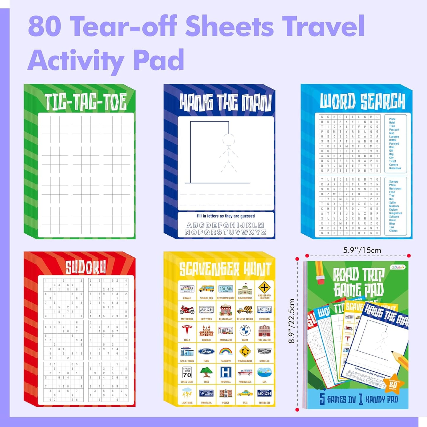 Road Trip Game Pad, 5 Games in 1 (Farm Animals, Car Colors, Buildings, Traffic Signs, Vehicles Scavenger Hunt Bingo), Pen Pencil Paper Game, Plane Trip/ Car Travel/Getaway Activity Pad for Kid, Adult
