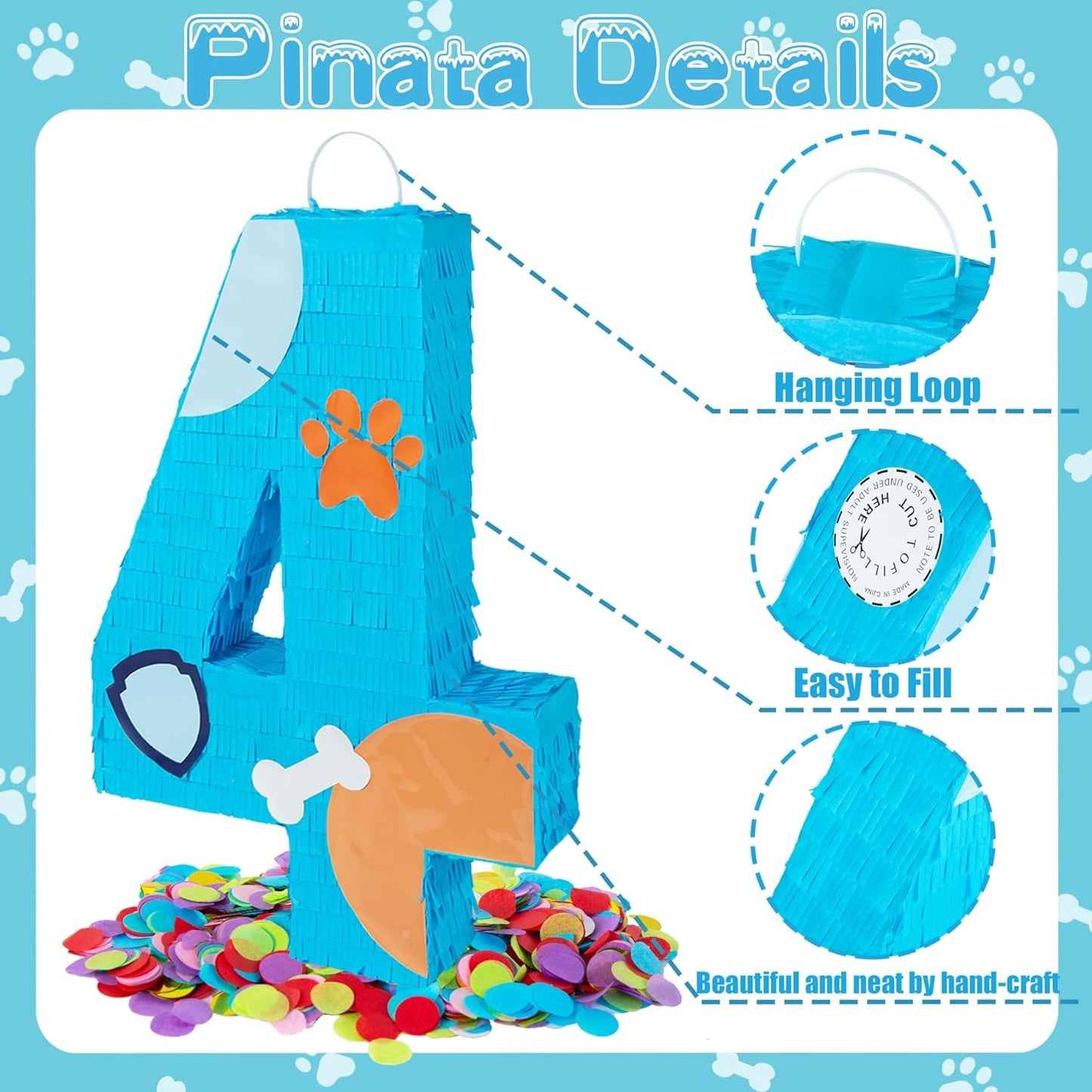 PCFING 20 Inch Dog Paw Number 1 Piñata with 30 Inch Piñata Stick Blindfold Confetti for Boy Girl Adults Birthday Party Decorations, Anniversary Celebration, Fiesta