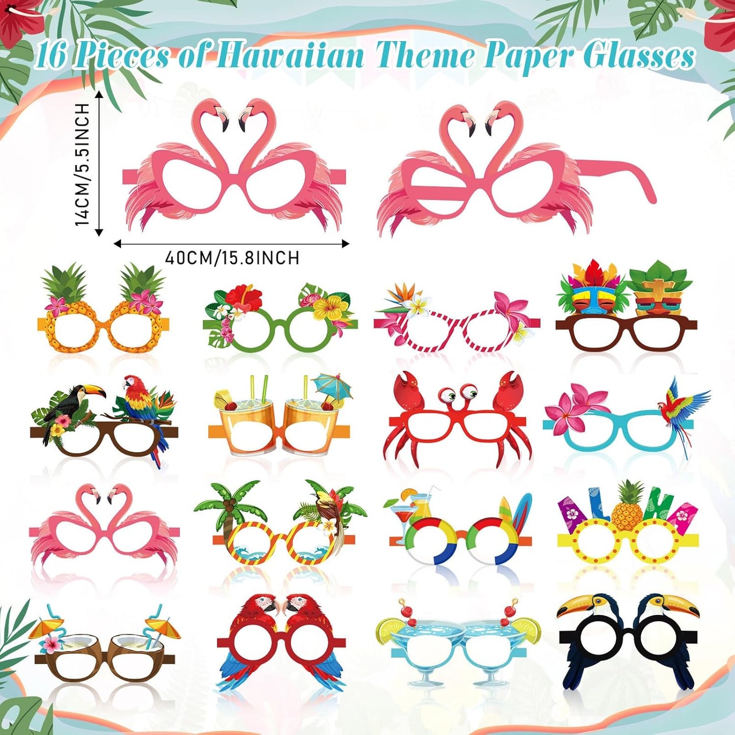 Jenaai Hawaiian Photo Booth Props Kit Luau Party Decorations 1 Hawaiian Photo Booth Frame 16 Summer Paper Eyeglasses Pool Party Selfie Props for Tropical Hawaii Luau Beach Tiki Decoration Supplies