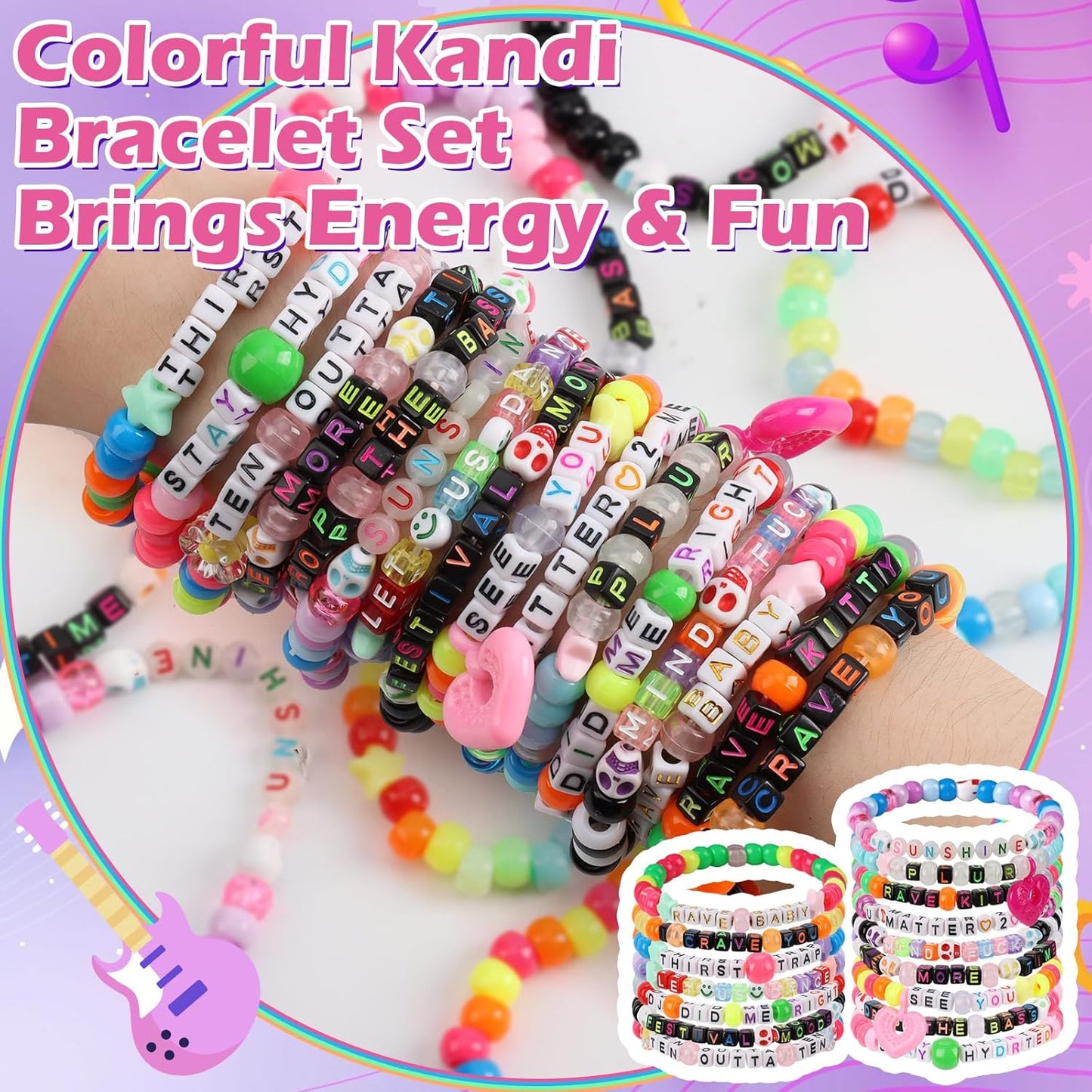 16/24/32Pcs Rave Music Bracelets Set Glow In The Dark EDM Music Stretch Bracelets Multicolor Rave Party Favor for Women Men EDM Party Music Festival