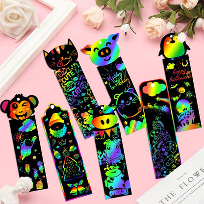 100 Sets Scratch Art Bookmark Making Kit, DIY Animal Bulk Bookmarks with 100PCS Ribbons and 100PCS Wood Stylus for Kids 4-14 Years Old Students Classroom Prizes Gifts & Party Favors, 13 Styles