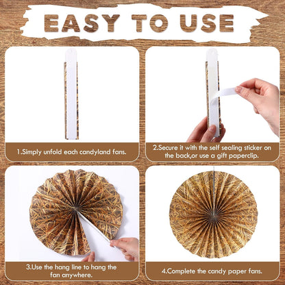 Outus 9 Pcs Western Cowboy Party Decorations Paper Fans Wagon Wheels Straw Hay Bales Hanging Ceiling Wall Decor for Country Western Themed Rodeo Farm Birthday Party Supplies (Wagon Wheels)