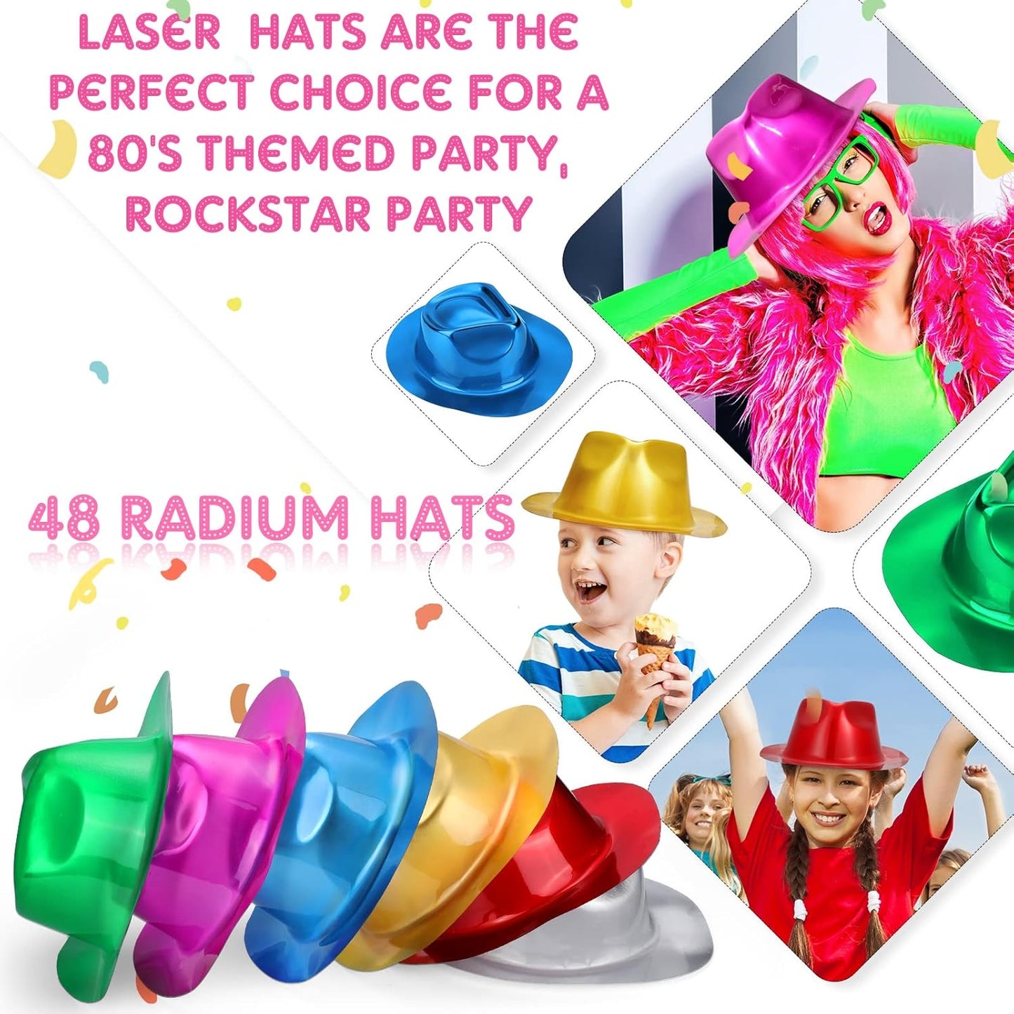 Handepo 48 Pcs Hats Party Metallic Colors Plastic Crazy Hats for Adults Cowboy Bulk Party Supplies Dress Costume Photo