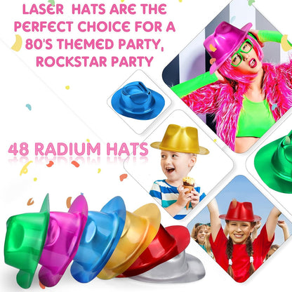 Handepo 48 Pcs Hats Party Metallic Colors Plastic Crazy Hats for Adults Cowboy Bulk Party Supplies Dress Costume Photo