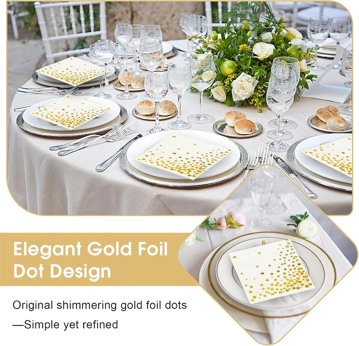 100 Pcs Gold Cocktail Napkins, 3-Ply Party Paper Napkins, 5 x 5 Inches Bar Napkin Disaposable for Weddings, Birthdays, Baby Showers, Anniversaries, and Cocktail Parties (White)