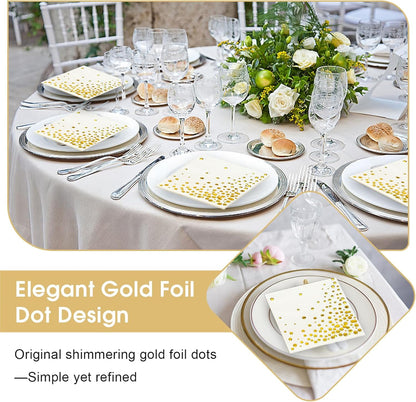 100 Pcs Gold Cocktail Napkins, 3-Ply Party Paper Napkins, 5 x 5 Inches Bar Napkin Disaposable for Weddings, Birthdays, Baby Showers, Anniversaries, and Cocktail Parties (White)