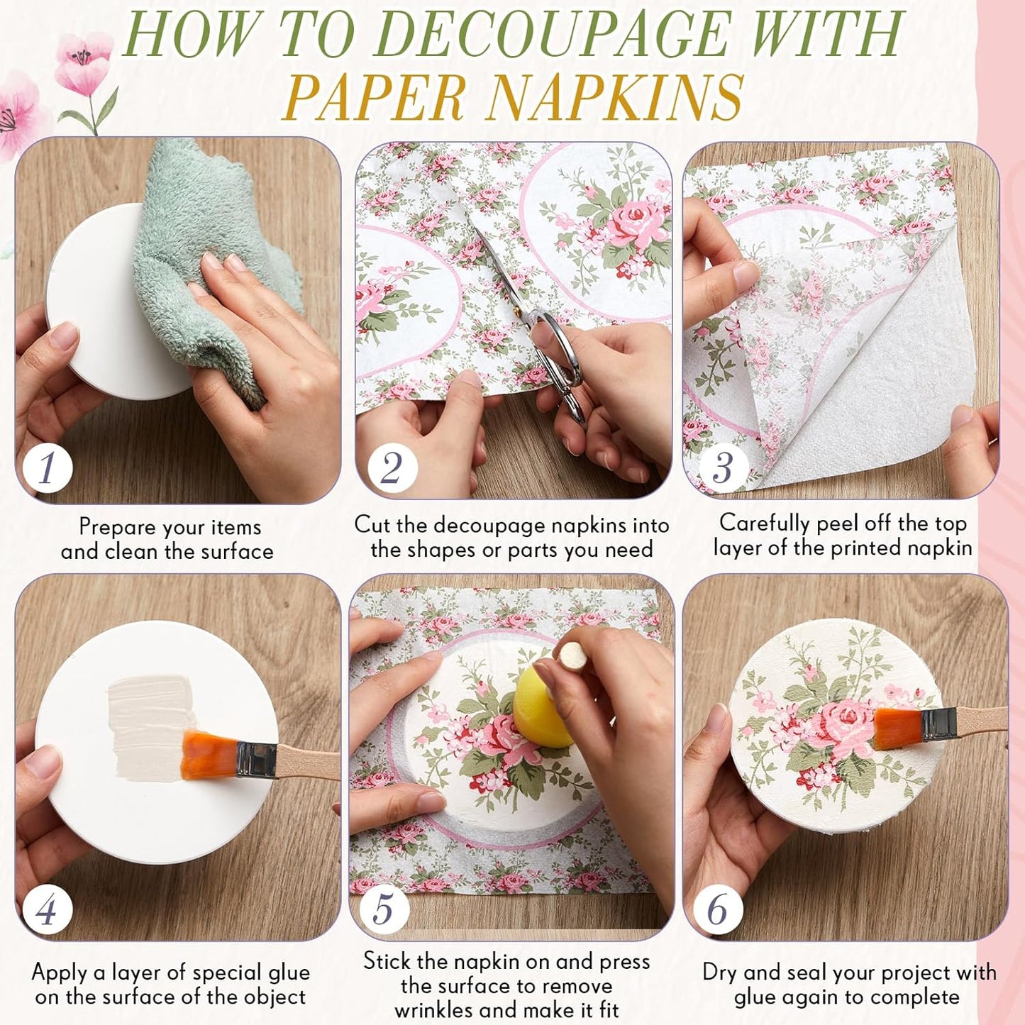 Crtiin 20 Pack Decoupage Napkins Floral Napkins Flower Cocktail Paper Decorative Toilet for Valentine's Day Birthday Party Beautiful Gorgeous, 20 Styles Each 6.5 Inches(Style 1)