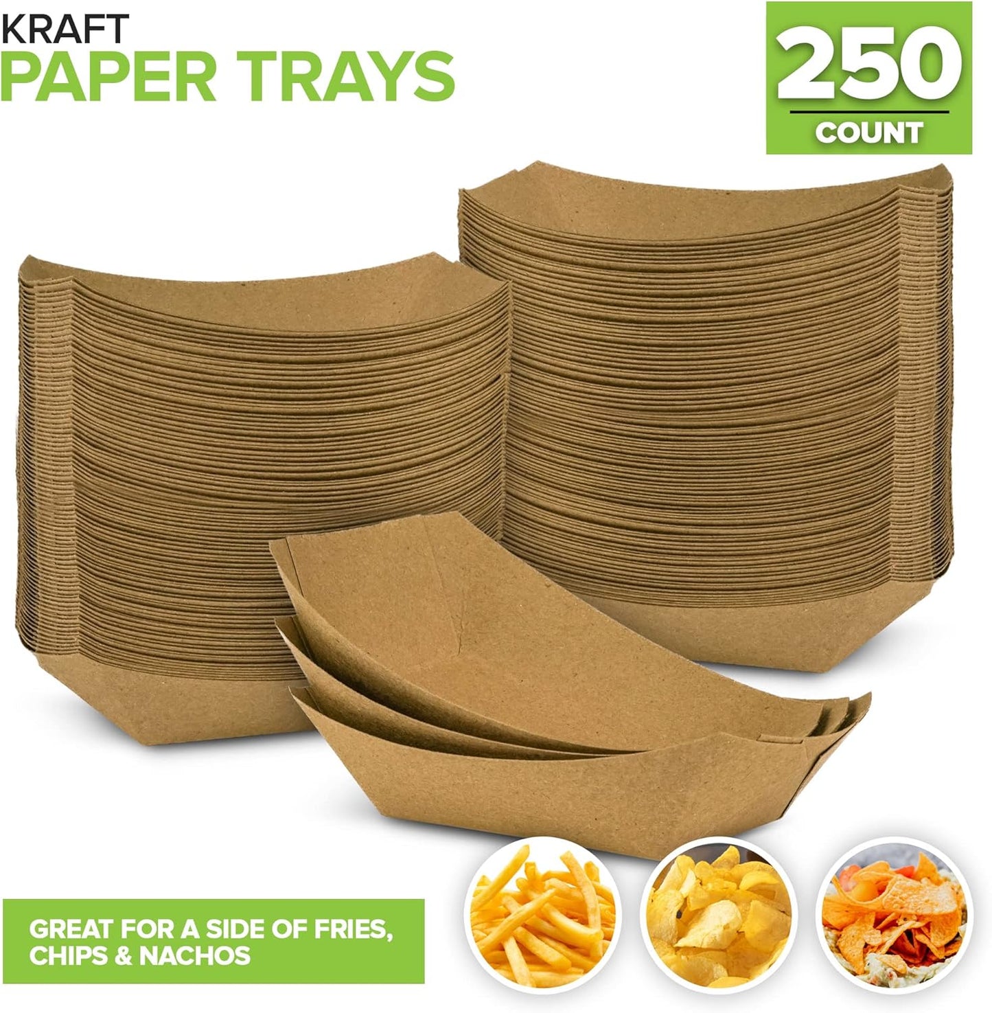 [250 Pack] Medium Disposable Brown Kraft Paper Food Trays, 1-Lb Concession Tray, Serving Boats for Party Snacks, Taco Bar, Seafood, Nachos Plates