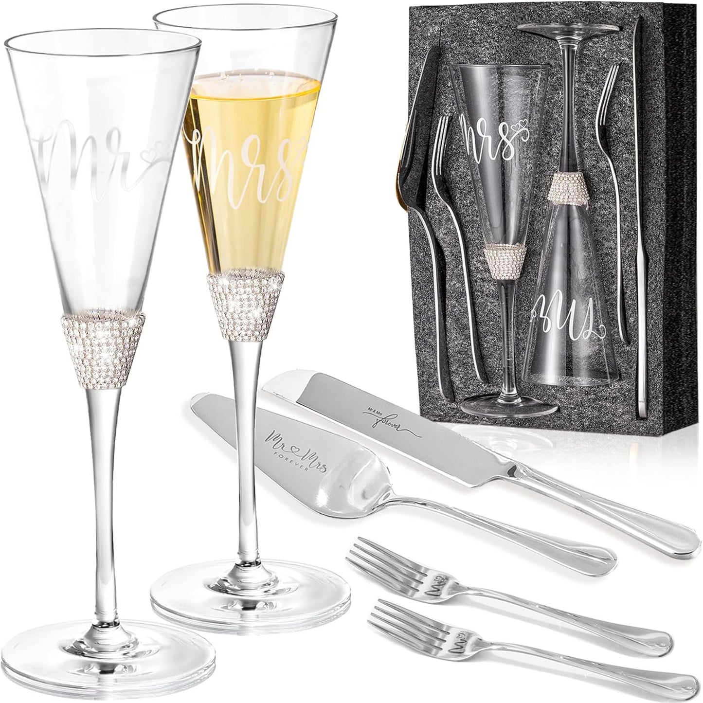 Wedding Cake Knife and Server Set, Bride and Groom Champagne Glasses and Gold Cake Cutting Set for Wedding, Cake Cutter and Champagne Flutes Glass for Mr and Mrs Gifts for Coples (Gold)