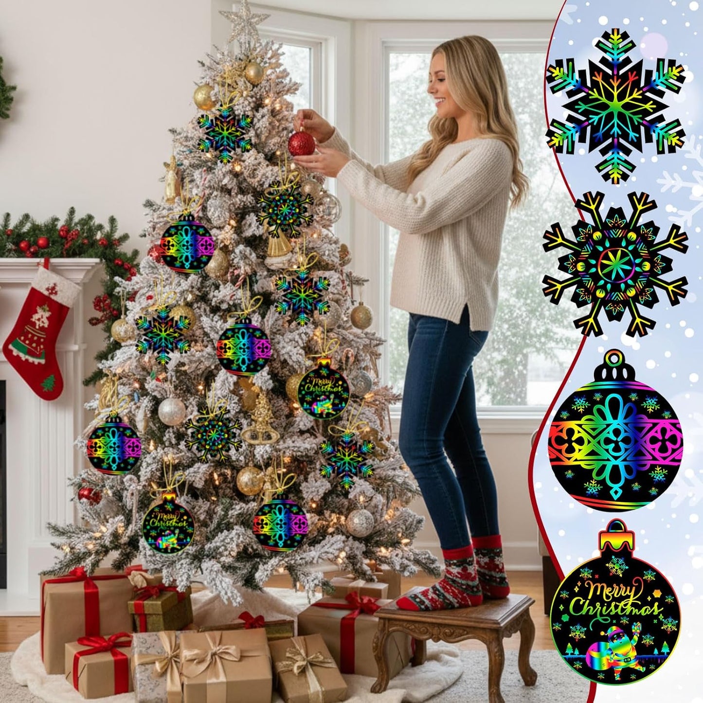 Yeaqee 80 Pcs Christmas Ornament Scratch Cards Christmas Scratch Paper Art with Drawing Sticks and Ribbons DIY Xmas Magic Paper for Winter Xmas Home Party DIY Activities (Ornament)