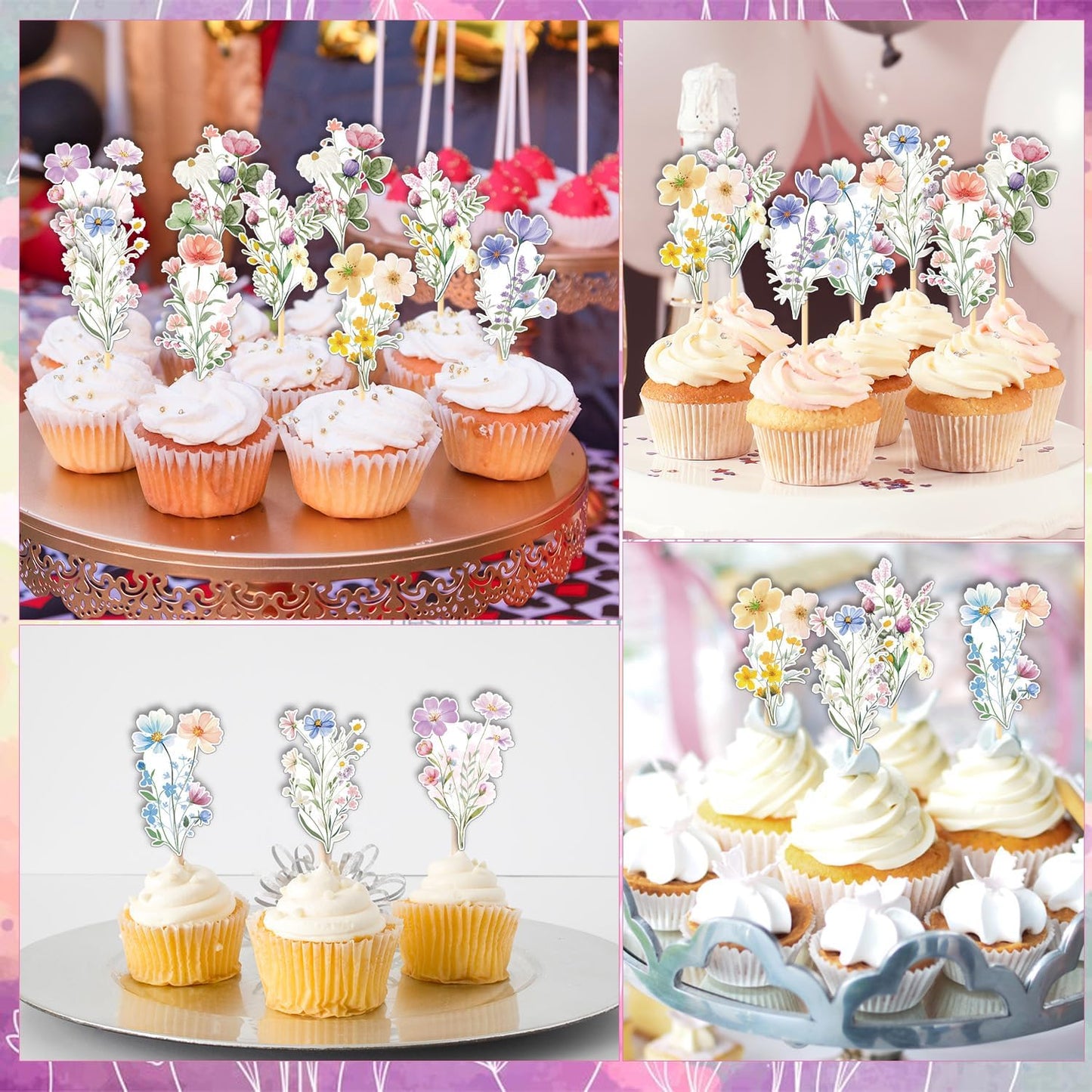 Rngmsi Flower Birthday Cupcake Toppers Decorations, 40PCS Wildflower Baby in Bloom Baby Shower Cake Decorations for Girls Women, Garden Floral Fairy Party Decor
