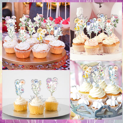 Rngmsi Flower Birthday Cupcake Toppers Decorations, 40PCS Wildflower Baby in Bloom Baby Shower Cake Decorations for Girls Women, Garden Floral Fairy Party Decor