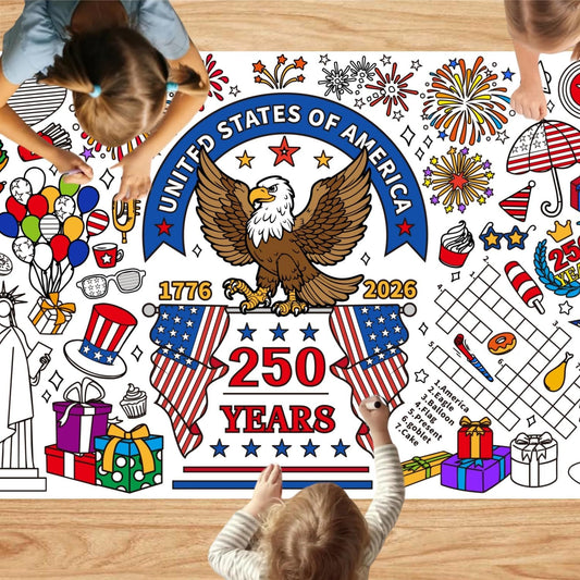 Joyline USA 1776-2026 250th Anniversary Coloring Poster for Kids - Patriotic Eagle Statue of Liberty American Flag Jumbo Tablecloth Kids Crafts Activities Toys Parties Classroom Decor 31x72 Inch