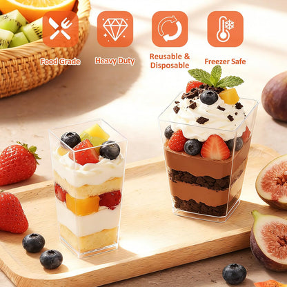 Eupako 3 oz Plastic Dessert Shooter Cups with Spoons - 100 Pack Mini Clear Slanted Appetizer Cup, Small Dessert Cup for Jello Shots, Parfait, Puddings, Mousse