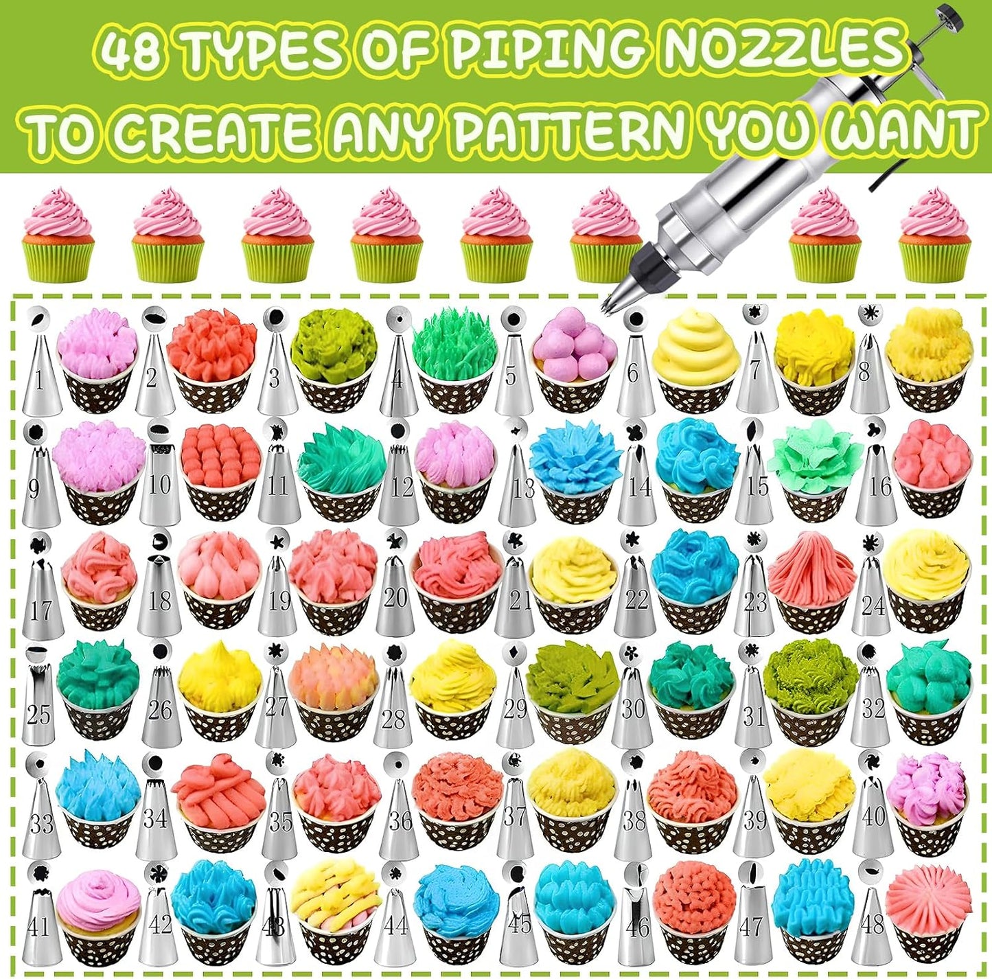 NOVANO Dessert Decorating Syringe Set, Frosting Piping Kit Stainless Steels Cake Decorating Kit with 54 Piping Tips & 9 silicone cupcakes, Cupcake Decorating Kit Piping Bags and Tips Set